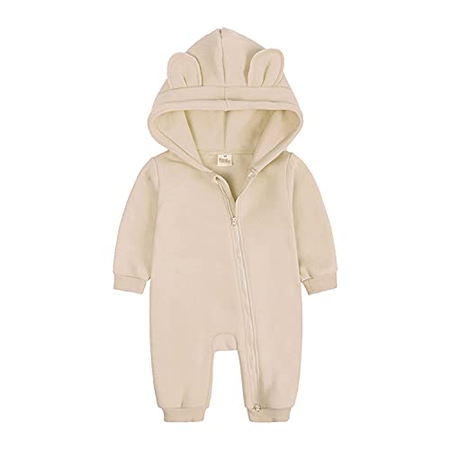 Alunsito Baby Jungen Mädchen Mit Kapuze Overall Solide Langarm Strampler Herbst Einteiliger Bodysuit Outfits Overall Beige 59 0-3 Monate