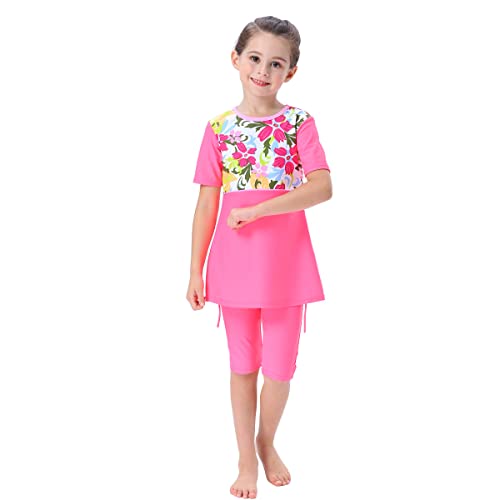 IBAKOM Kinder Kleinkind Mädchen Modest Bademode 2 Stück Burkini Langarm/Kurzarm Rash Guard Badeanzug Top Hose Strandkleidung Surfen Muslimisch Islamischer Badeanzüge 2# Rosa 9-10 Jahre