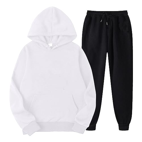 QWUVEDS Männer Frauen Sport Sets Herbst Winter Freizeit einfarbige Kapuzenpullover Hosen mit Quasten Sportanzug Trainingsjacke Herren (24-0214D-White, XXL)