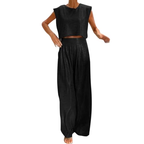 Damen Set Hose Oberteil Modern Freizeitanzug Zweiteiliges Set für Damen, lässig, glänzende Weste Hose mit weitem Bein, Rundhalsausschnitt, ärmelloses Crop-Top, Frauen Zweiteiler Outfit (Black, S)