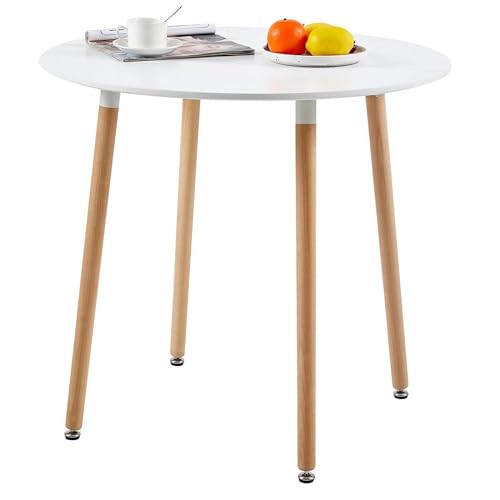 H.J WeDoo MDF Runder Esstisch Buchenholz Esszimmer Tisch Küchentisch Holztisch, 80 * 80 * 75 cm, 4 Beine Natur, Weiß