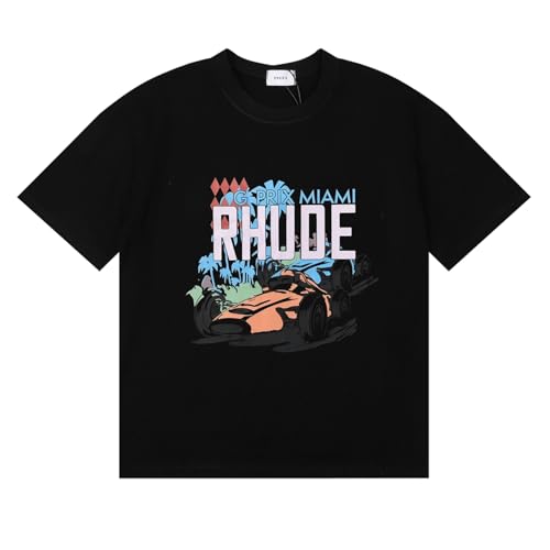 DNJKDEL Hawaiianisch Bedrucktes Kurzärmeliges Hemd, Strand-Stil Rhud Retro Racing Print High Gewicht Doppelgarn Reine Baumwolle Casual Kurzarm T-Shirt-color3||S