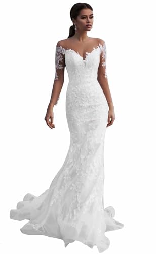 HUINI Spitze Lang Brautkleid Hochzeitskleid für Damen Meerjungfrau Prinzessin Boho Braut Maxikleid Rückenfrei Weiß 36