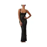 Elegante Spitze Durchsichtig Maxi Kleid Frauen Sommer Sexy Spaghetti-trägern Bodycon Hochzeit Party Kleider Schwarz Split Langes Kleid