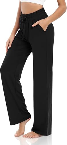 VIGVAN Jogginghose Damen Baumwolle Freizeithose Yogahose Weites Bein Aktive Freizeit Kordelzug Lose Lounge Pants Breites Bein Hausehose Sporthose mit Taschen (Schwarz, XXL)