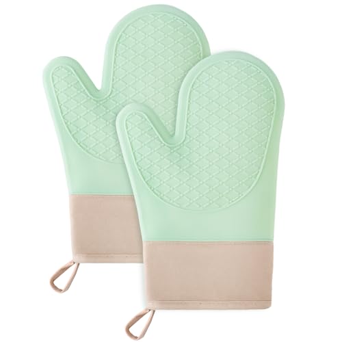 Ofenhandschuhe Hitzebestaendig,2PCS Topflappen Silikon, Ofenhandschuhe eine Silikon Anti- Rutsch Oberfläche,die Innenseite ist aus Baumwolle, Grün Silikon Handschuhe der Küche