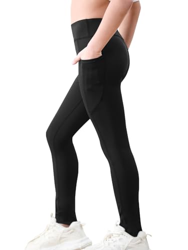 Monbessi Sportleggins Kinder Mädchen mit Handytasche Sporthose Hohe Taille Turnleggins Mädchen Lang für Gym Yoga Gymnastik(160, Schwarz)