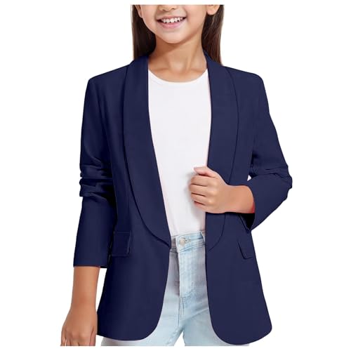 Mädchen Blazern langärmelig Mädchen Lange Ärmel Schuluniform Kinder Cardigan Formale Offene Front Anzugjacke mit Innentasche für Kinder Langarm Anzugjacke (Navy, 13-14 Years)