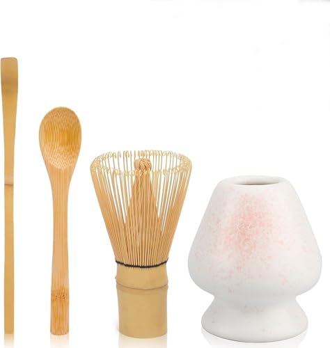 Matcha Besen Set 4-teilig – Matcha Zubehör mit Matcha Set bestehend aus Matcha-Besen Matcha-Löffeln und Keramik-Besenhalter für die Zubereitung und Zeremonien - Weiß Pink