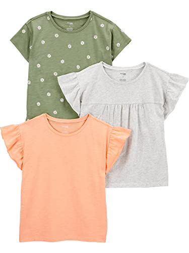 Simple Joys by Carter's Mädchen Short-Sleeve and Tops, Pack of 3 Baby und Kleinkind T-Shirt Set, Grau/Hellorange/Olivgrün Blumen, 2 Jahre (3er Pack)