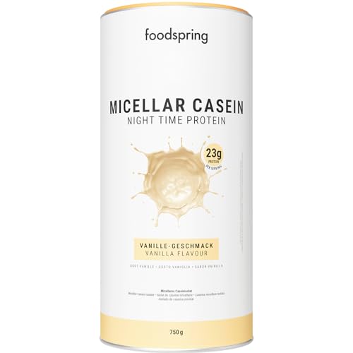 foodspring Micellar Casein Night Time Protein – Kasein Protein mit Aminosäuren – 23g Protein pro Shake - Micellar Casein Vanille fett- und zuckerfrei (750g | Vanille)