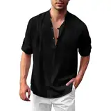 PTLLEND Activewear-T-Shirts FüR Herren Stehkragenhemd Herren Hemd Kurzarm Herren Kariert Hemd Herren Stretch Herren Holzfäller Hemd Hemd Weste Set Herren Hawaii Hemden Herren(Schwarz,XL)