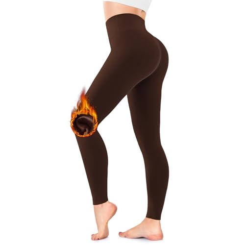 FuelMeFoot Thermo Leggings Damen Gefüttert Fleece High Waist Thermounterwäsche Warm Lang Strümpfhose Blickdicht Winter.05-Braun S/M