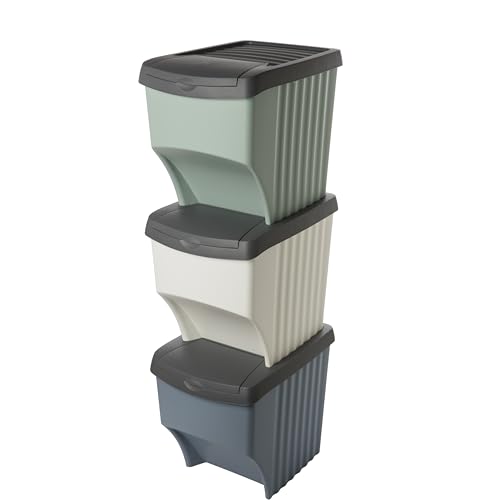 SUSTANIA Premium Müllsortiersystem 3-fach, Stapelbarer Abfallsammler mit 3x22L Volumen, Mülleimer & Mülltrennsystem für Küche & Haushalt, 40x30x33 cm, Made in EU