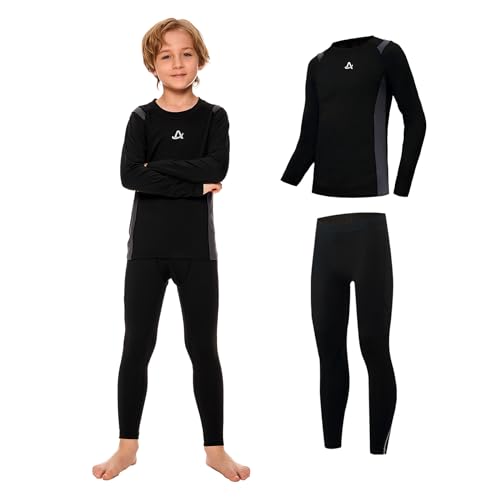 AMZSPORT Thermounterwäsche für Kinder, Skiunterwäsche und Funktionsunterwäsche für Fussball und Training im Winter, Thermowäsche für Mädchen und Jungen, Warm und Bequem, Schwarz L