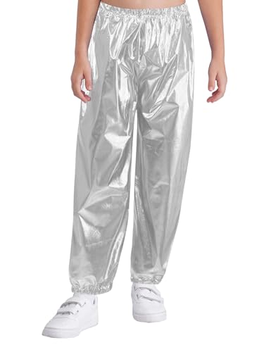 Xnihocha Mädchen Jungen Metallisch Glänzende Tanz Hosen Lange Sporthoen Hip Hop Training Hosen für Performances Silber 146-152