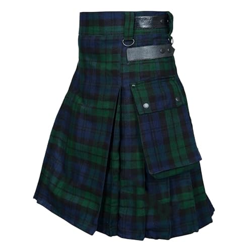 BaronHong Tartan Utility Kilts für Herren, Tartan Kilt mit Riemen und großen Cargotaschen (grün (Leder), L)