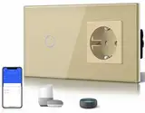 BSEED Normal Schuko Steckdose mit Smart Alexa Lichtchalter 16 Amp Glas WiFi Berührungssensor Wandschalter kompatibel mit Alexa und Google Home 1 Fach 1 Weg Weiß (Neutralleiter erforderlich) Gold