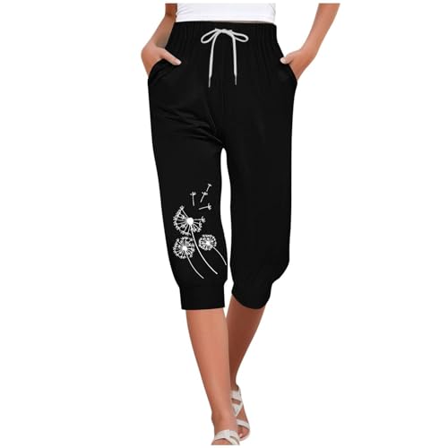 AACH Sommer Hose für Frauen 3/4 Capris Jogginghose Freizeit Leichte Sweathose Elastische Taille Sporthose mit Taschen Laufhosen Löwenzahn Muster Freizeithosen Baumwolle Farbverlauf Yogahose