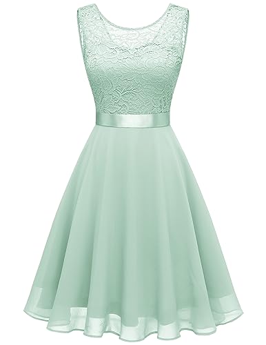 Berylove Kleid Damen Spitzenkleid Brautjungfer Jugendweihe Kleid Kleider Damen Festlich Elegant Ballkleid Kurz Konfirmationskleider BLP7005NC Light Green S