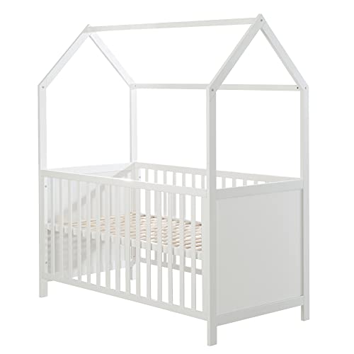 roba Hausbett 70 x 140 cm - FSC zertifiziert - Babybett in Hausoptik - Höhenverstellbar - Umbaubar zum Juniorbett - Holz weiß