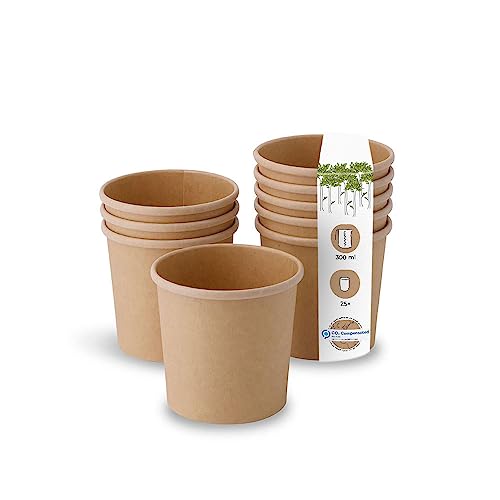 GREENBOX Bio Pappbecher Speisebecher Kraft-Karton Becher braun I Kompostierbare Becher mit PLA Innenbeschichtung Suppen-Becher To Go Eisbecher Pappe I 25 Bio Einweg-Becher biologisch abbaubar 300 ml