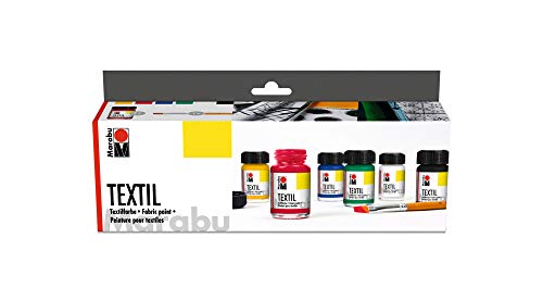 Marabu 1716000000087 - Textil Starter Set Grundfarben, Stoffmalfarbe, Wasserbasis, für helle Stoffe, weicher Griff, waschbeständig bis 60°C, für Stoffmalerei und -druck, 6 x 15 ml Farbe und Pinsel