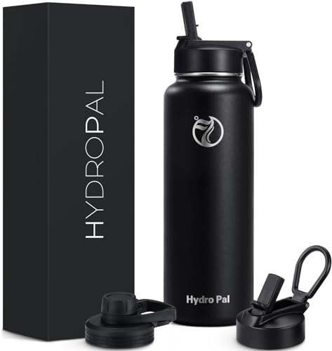 HydroPal Edelstahl Trinkflasche - 750ml, 1L, 1,2L, BPA-Frei, Kohlensäure geeignet, Isolierte flasche mit Strohhalm & 2 Deckel, Auslaufsichere Isolierflasche für Sport (Schwarz, 1200 ml)