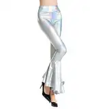 Odizli Schlaghose Damen 70er High Waist Leder Lack Wetlook Glitzer Metallic Locker Bootleg Baggy Skinny Elegant Flare Marlenehose Meerjungfrau Weite Hose Freizeithose Disco 80er Jahre Kleidung Weiß S