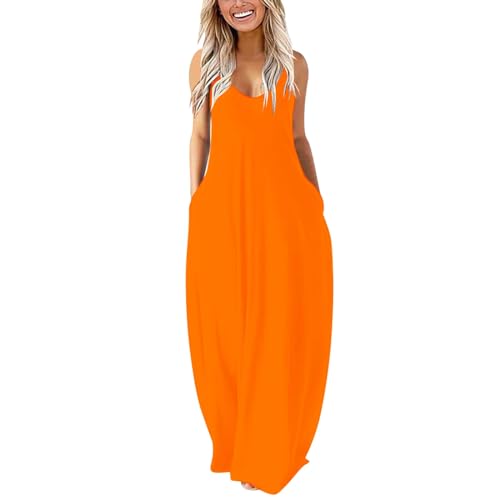 2025 - Der solide Damen-Patchwork-Langrock mit Rundhalsausschnitt und Langen Ärmeln ist modisch und bequem Luftige Sommerkleider Damen (Orange, M)