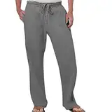 QWUVEDS Herrenmode, lässig, einfarbig, atmungsaktiv, Baumwolle Leinen, mit elastischer Taille, große Hosen Herren Jogginghose Elegant Herren Freizeithose (Grey, M)