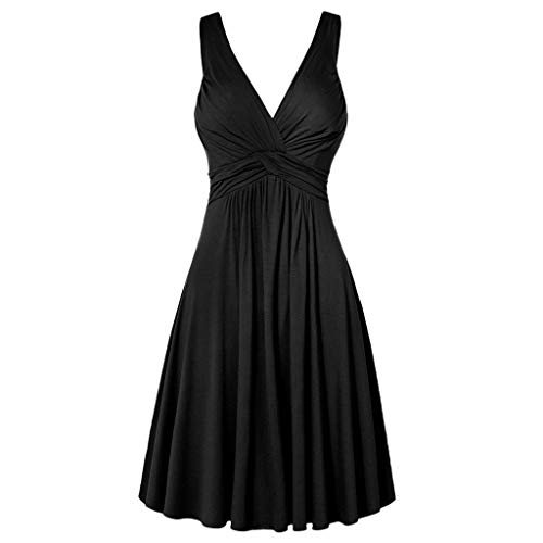 2025 - Frauen Plus-Rock-V-Ausschnitt Fackelkleid schlank in der Größe von Schlingen Retro-Frauenkleid Kleid Große Größen Damen (Black, XXL)
