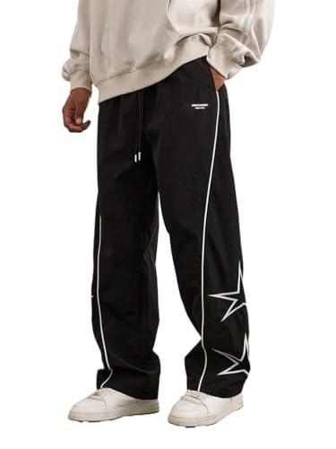 ORANDESIGNE Herren Hip Hop Baggy Hosen Baggy Parachute Pants Y2k Trainingshose Sweatpants Unisex Streetwear Modische Jogginghose mit Kordelzug A Schwarz XS