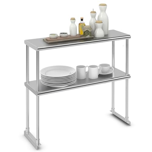 GIANTEX Arbeitstisch Edelstahl, Küchentisch Edelstahltisch mit höhenverstellbarer Ablage, Überregal Edelstahlregal 2 Ebenen, Küche Lebensmittel Zubereitungstisch, Mehrzweckregal bis 335 kg belastbar
