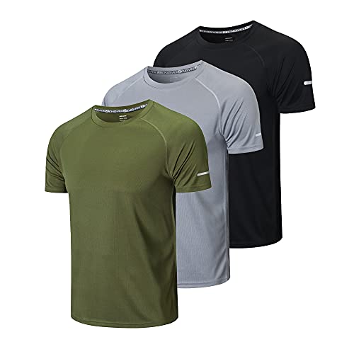 HUAKANG 3er Pack Sport Tshirts Herren Funktionsshirt Sportshirt Schnelltrocknend Atmungsaktiv Sport Shirt Männer Laufshirt Kurzarm Trainingsshirt Herren(520-Black Gray Green-L)