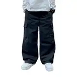 Kinder Jungen Cargohose,übergroß locker Hose mit weitem Bein,Einfarbige Lässigen geraden Arbeitshose,Frühling Wanderhose Outdoor Cargohose Freizeithose Für 8-15 Jahre (Black, 11-12 Years)