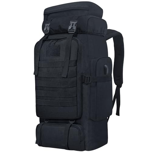 Lizbin Wanderrucksack, 80L militärischer taktischer Rucksack, extra großer Wander-Camping-Rucksack, Wanderrucksack für Männer Frauen, Wander-Tagesrucksäcke, Reiserucksack zum Klettern (Schwarz)