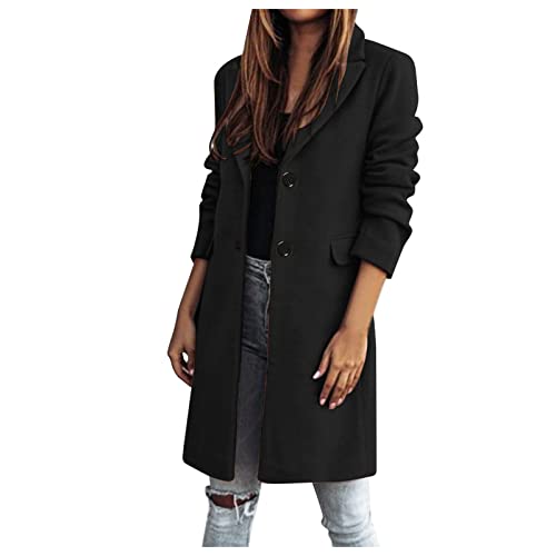 IQYU Wolljacke Damen üBergangsjacke - Wollmantel Damen Elegant Wolle-Trenchcoat Langarm Revers Blazerjacke Frauen Lang Cardigan Slim Fit Blazermantel Winter Trenchjacke Oberbekleidung Jacke Mantel