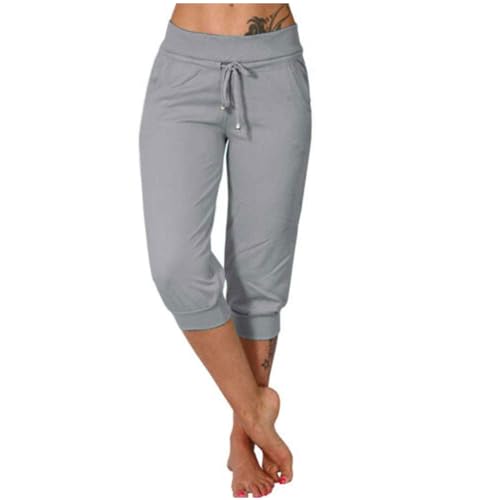 Jamicy Damen Sommer Caprihose Jogginghose Lässig Locker Bequem 3/4 Lange Hose Baumwolle Sommerhose Yoga Fitness Activewear mit Tasche für Sport und Freizeit Warehouse Deals Angebote Grau M