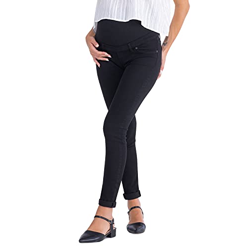 MAMAJEANS Milano - Umstandsmode Jeans Damen Skinny Fit Jeggings, Mit Band Für die gesamte Schwangerschaft (L - 40, Schwarz)