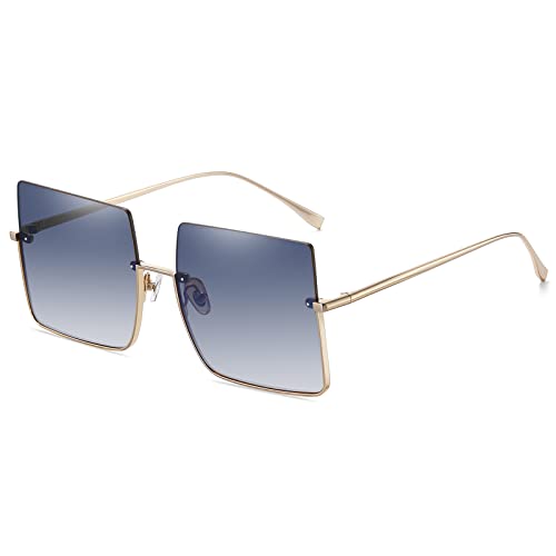 SHES Überdimensioniert Quadrat Sonnenbrille für Damen Designer Trendy Shades Halbrandloses Metallgestell SH3103 (C2-Gold Rahmen Farbverlauf Blau Linse)