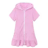 Badeponcho Kinder Einfarbig Strandkleid Mädchen Badeanzug Coverup Kleid Sommer Schwimmen Cover Up Kinderkleider Kurzarm Bademantel Kleider Teenager Poncho Mädchenkleid mit (A-Pink, 6-7 Years)