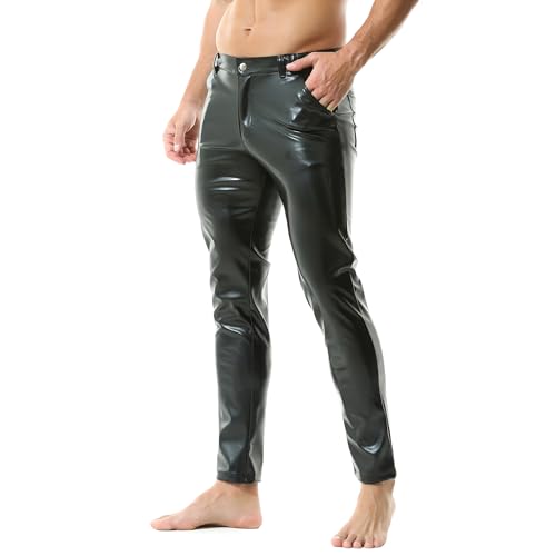 YUFEIDA Herren Leggings Hose Klassisch Wetlook PU Kunstleder Lange Hose Reißverschluss Taschen Casual Motorrad Cosplay Tanz Bühne Party Club Leggings Hose für Herren