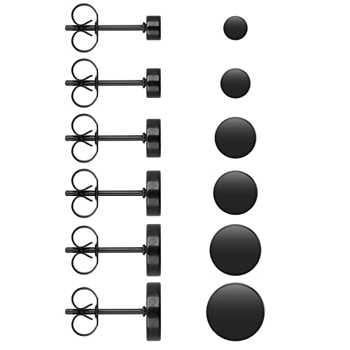 6 Paar Schwarz Ohrstecker Edelstahl Unisex Ohrstecker Runde Flat Top Ohrstecker Herren Damen Ohrringe (3mm - 8mm)