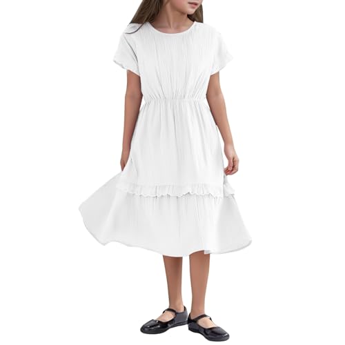 SUPTTING Mädchen Sommerkleid Musselin Stoff Kurzarm Rundhals Freizeitkleid Tailliert Strandkleid Spitzenbesatz Volant Saum Festliches Kleid Prinzessinnenkleid Weich Kinderbekleidung