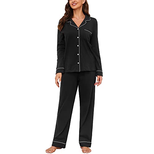 U2SKIIN Schlafanzug Damen lang 100% Baumwolle, Pyjama Damen weiche Pyjamas Set leichte Nachtwäsche Schlafanzüge für Damen Zweiteiler Pyjama Set Damen (Schwarz, M)