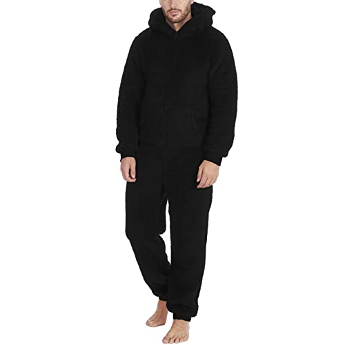 YOSUWOAI Jumpsuit Herren Damen Kuschelig Doppelseitiger Samt Schlafanzug Plüsch Lang Pyjama Winter Warm Overall Schlafoverall mit Reißverschluss und Taschen Teddy Fleece Einteiler Onesie