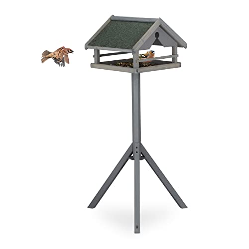 Relaxdays Vogelfutterhaus mit Ständer, wetterfestes Dach, Holz Vogelhaus, HBT: 120x62x55 cm, Futterhaus Wildvögel, grau