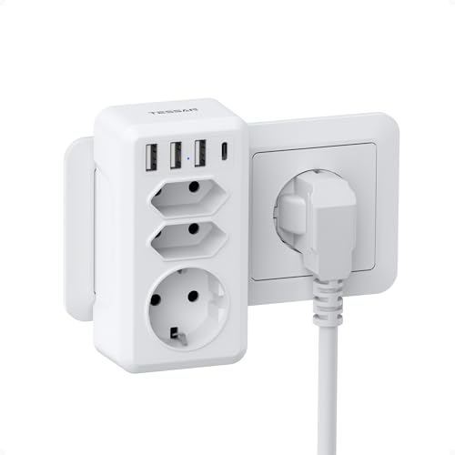 TESSAN Doppelstecker für Steckdose, Steckdosenadapter 3Fach mit USB C, Mehrfachstecker für Steckdose 4000W, Mehrfachsteckdose mit 4 USB, Doppelsteckdose für Phone, Steckdosenverteiler für Büro, Weiß