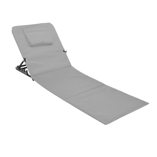 Strandmatte mit Kopfkissen klappbar - grau - Liegematte mit Verstellbarer Rückenlehne - Sonnenliege Gartenliege Sonnenmatte Liegematte für Garten Camping Picknick Reise Urlaub